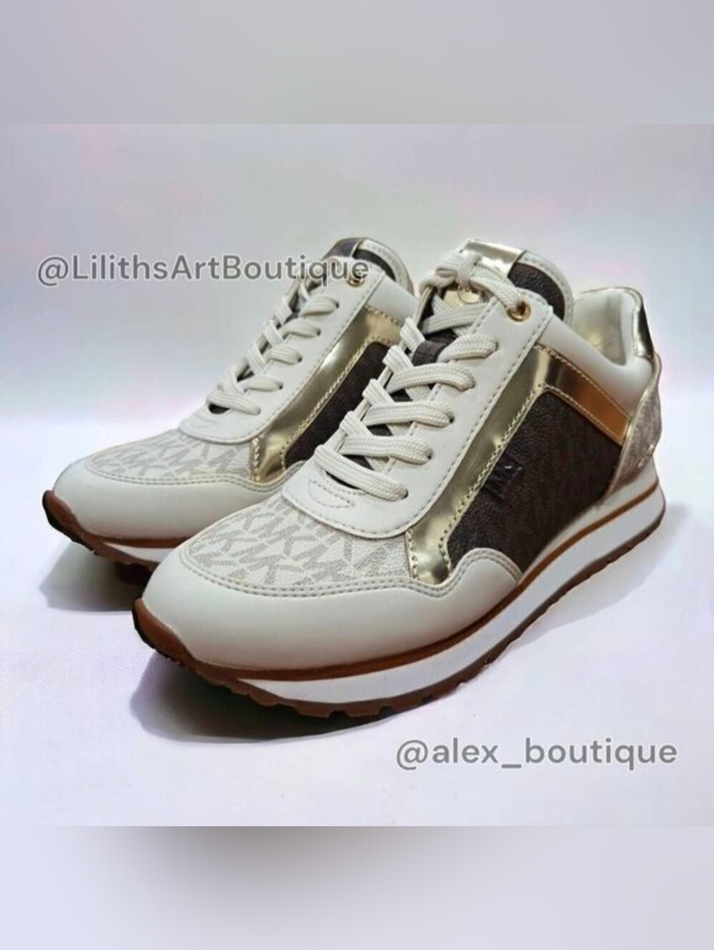Michael Kors Maddy Vanilla/ Brown Two-Tone Logo Trainer Women's Sneakers 5.5 - Picture 5 of 13